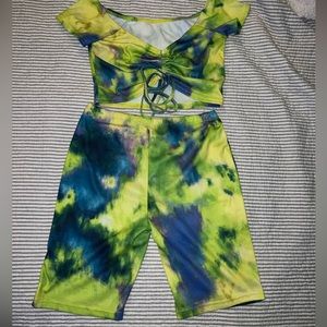 Two piece Tye Dye biker shirt with ruffled crop top shirt